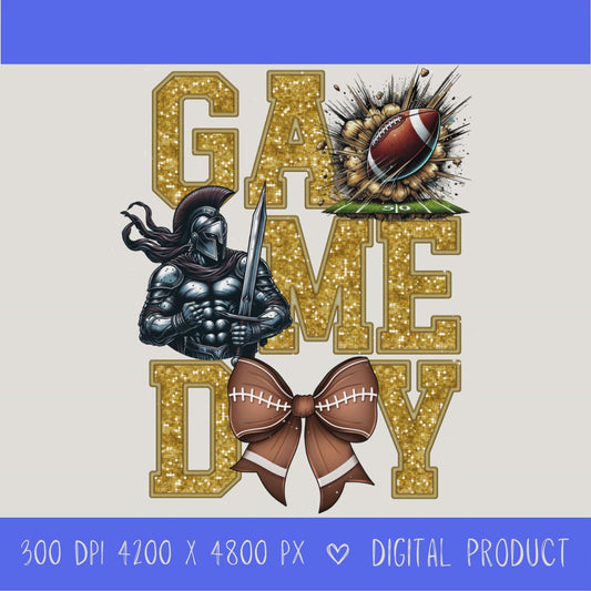 High-resolution Game Day Warrior football PNG digital download with transparent background, gold glitter varsity lettering, football graphic, pirate mascot, football bow, 4200 x 4800 pixels, and 300 DPI for sublimation and printable crafts.