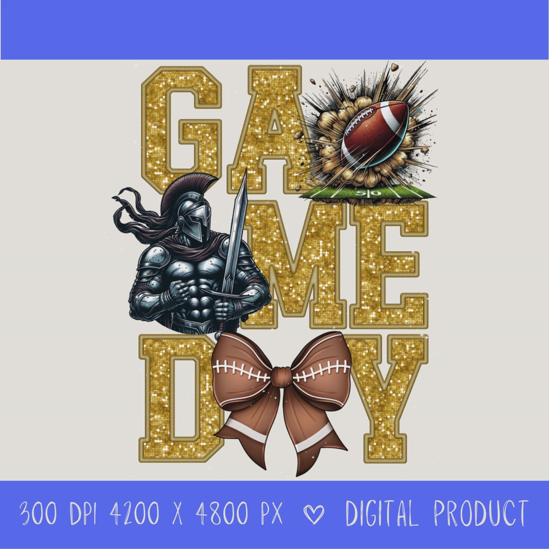 High-resolution Game Day Warrior football PNG digital download with transparent background, gold glitter varsity lettering, football graphic, pirate mascot, football bow, 4200 x 4800 pixels, and 300 DPI for sublimation and printable crafts.