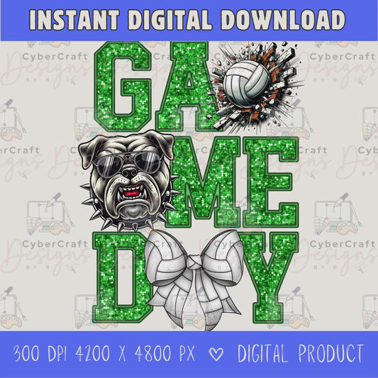 High-resolution Game Day Bulldog  volleyball PNG digital download with transparent background, green glitter varsity lettering, volleyball graphic, bears mascot, volleyball bow, 4200 x 4800 pixels, and 300 DPI for sublimation and printable crafts.