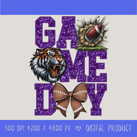 High-resolution Game Day Tigers football PNG digital download with transparent background, Purple glitter varsity lettering, football graphic, tiger mascot, football bow, 4200 x 4800 pixels, and 300 DPI for sublimation and printable crafts.