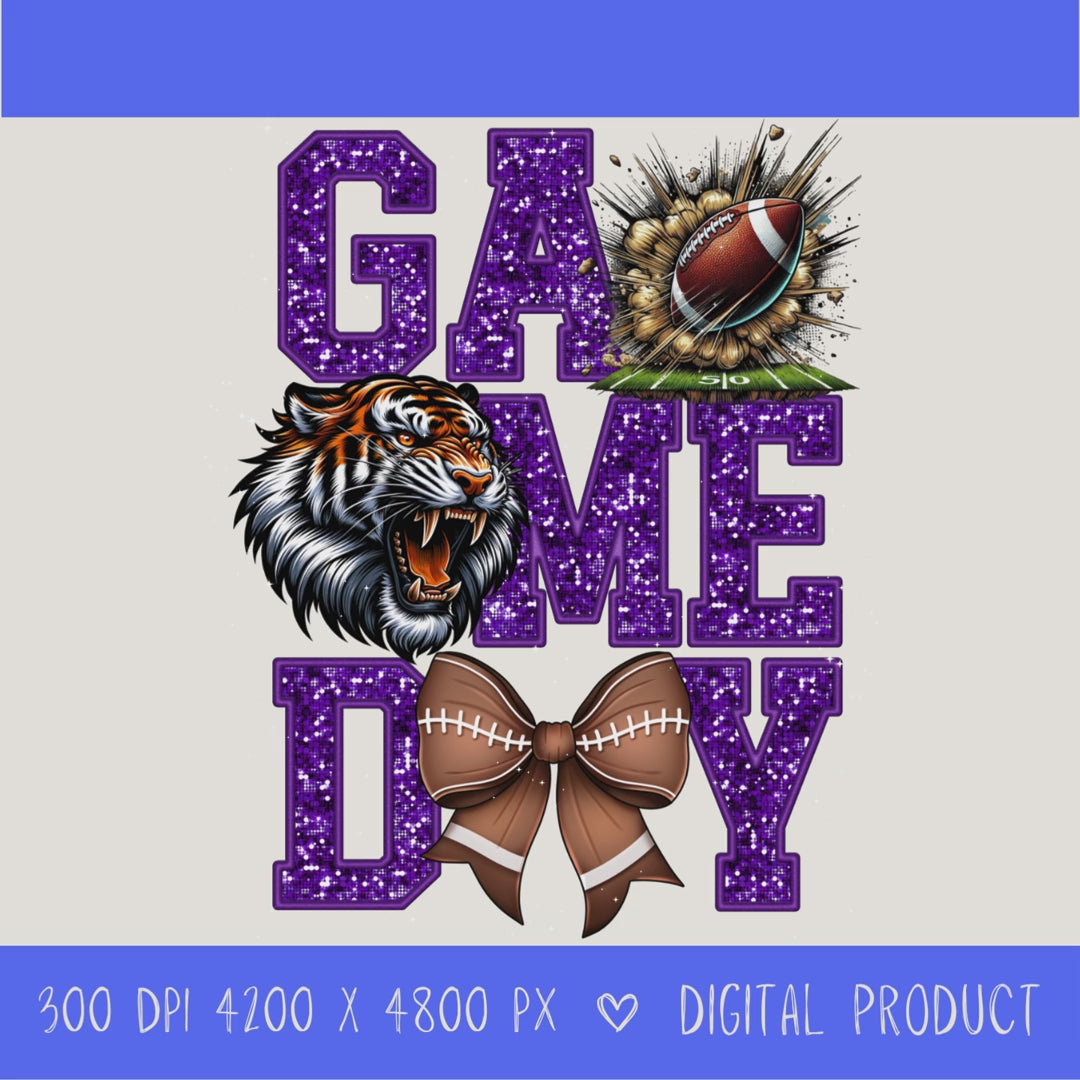 High-resolution Game Day Tigers football PNG digital download with transparent background, Purple glitter varsity lettering, football graphic, tiger mascot, football bow, 4200 x 4800 pixels, and 300 DPI for sublimation and printable crafts.