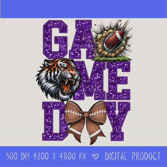 High-resolution Game Day Tigers football PNG digital download with transparent background, Purple glitter varsity lettering, football graphic, tiger mascot, football bow, 4200 x 4800 pixels, and 300 DPI for sublimation and printable crafts.