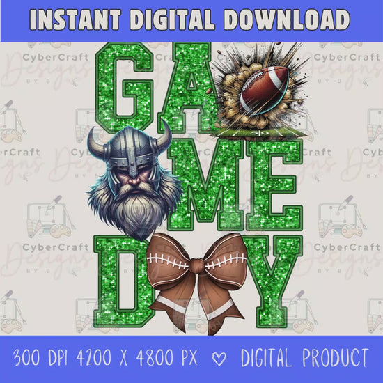 High-resolution Game Day Vikings football PNG digital download with transparent background, green glitter varsity lettering, football graphic, pirate mascot, football bow, 4200 x 4800 pixels, and 300 DPI for sublimation and printable crafts.