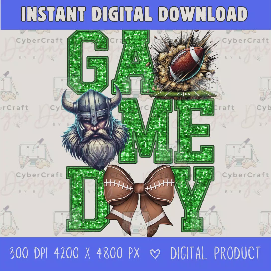 High-resolution Game Day Vikings football PNG digital download with transparent background, green glitter varsity lettering, football graphic, pirate mascot, football bow, 4200 x 4800 pixels, and 300 DPI for sublimation and printable crafts.