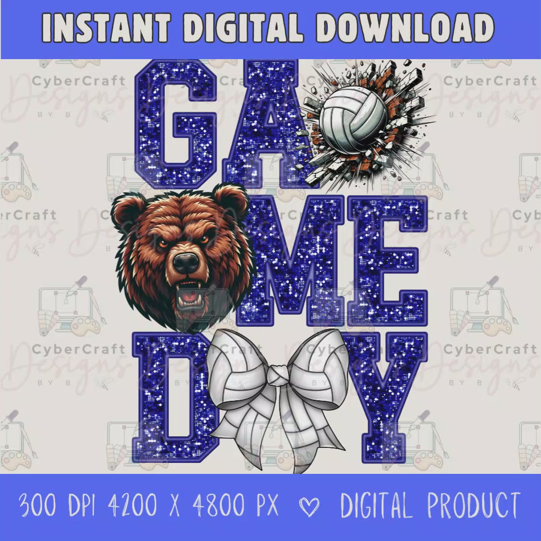 High-resolution Game Day Bears volleyball PNG digital download with transparent background, Blue glitter varsity lettering, volleyball graphic, bears mascot, volleyball bow, 4200 x 4800 pixels, and 300 DPI for sublimation and printable crafts.