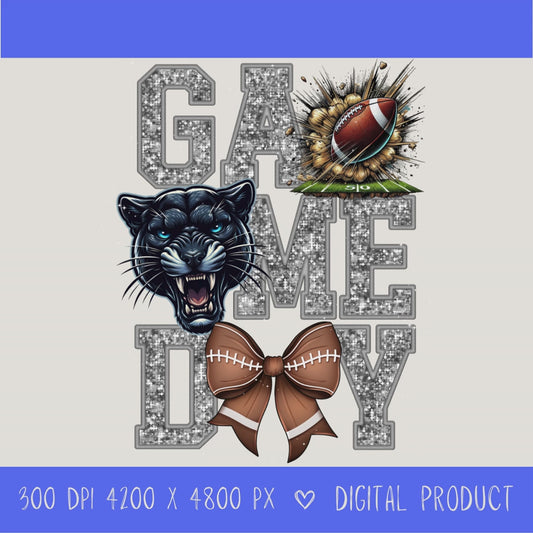 High-resolution Game Day Pirates football PNG digital download with transparent background, Silver glitter varsity lettering, football graphic, pirate mascot, football bow, 4200 x 4800 pixels, and 300 DPI for sublimation and printable crafts.