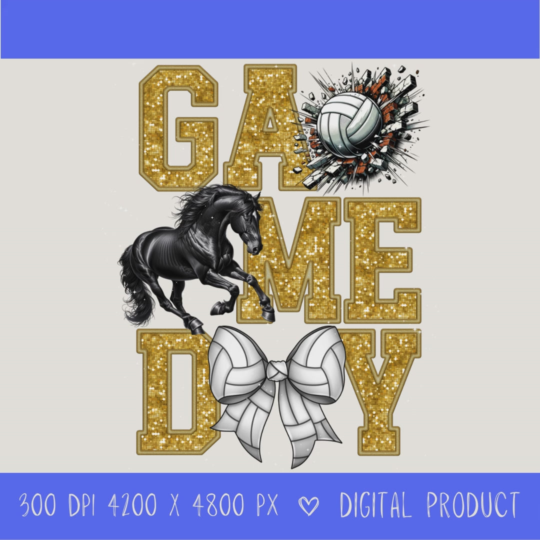 High-resolution Game Day Mustangs volleyball PNG digital download with transparent background, gold glitter varsity lettering, volleyball graphic, mustang mascot, volleyball bow, 4200 x 4800 pixels, and 300 DPI for sublimation and printable crafts.
