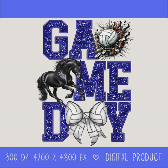High-resolution Game Day Mustangs volleyball PNG digital download with transparent background, blue glitter varsity lettering, volleyball graphic, mustang mascot, volleyball bow, 4200 x 4800 pixels, and 300 DPI for sublimation and printable crafts.
