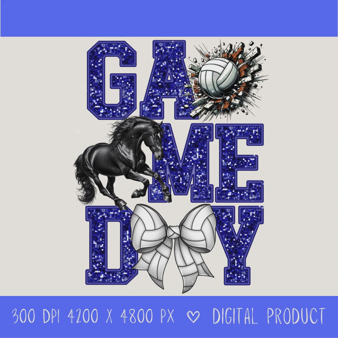 High-resolution Game Day Mustangs volleyball PNG digital download with transparent background, blue glitter varsity lettering, volleyball graphic, mustang mascot, volleyball bow, 4200 x 4800 pixels, and 300 DPI for sublimation and printable crafts.
