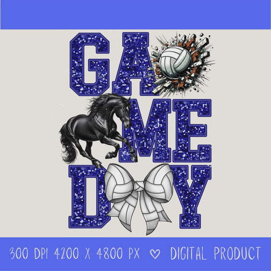 High-resolution Game Day Mustangs volleyball PNG digital download with transparent background, blue glitter varsity lettering, volleyball graphic, mustang mascot, volleyball bow, 4200 x 4800 pixels, and 300 DPI for sublimation and printable crafts.
