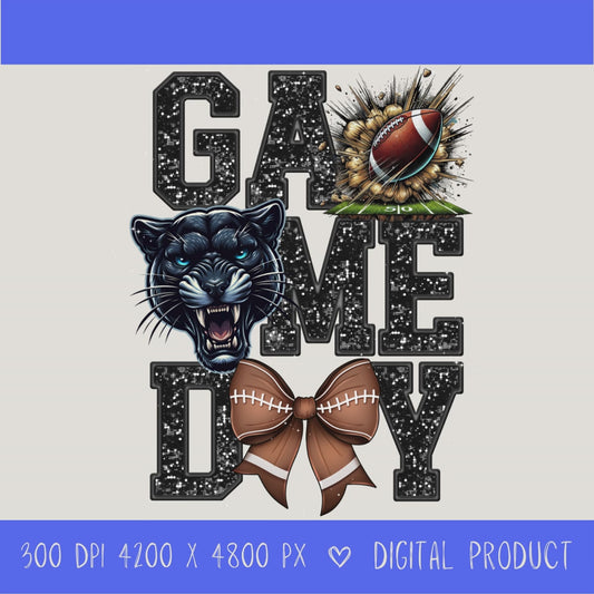 High-resolution Game Day Pirates football PNG digital download with transparent background, black glitter varsity lettering, football graphic, pirate mascot, football bow, 4200 x 4800 pixels, and 300 DPI for sublimation and printable crafts.