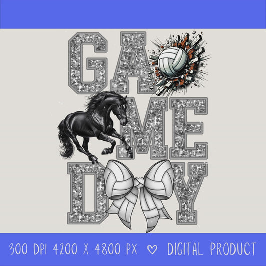 Game Day Mustangs Volleyball PNG | Silver Glitter Varsity Volleyball Design | School Spirit Digital Download | Volleyball Mom PNG | Sublimation Design