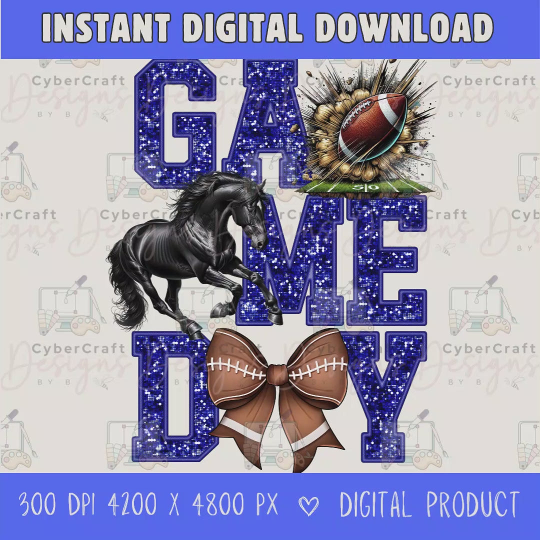 High-resolution Game Day Mustangs football PNG digital download with transparent background, blue glitter varsity lettering, football graphic, pirate mascot, football bow, 4200 x 4800 pixels, and 300 DPI for sublimation and printable crafts.