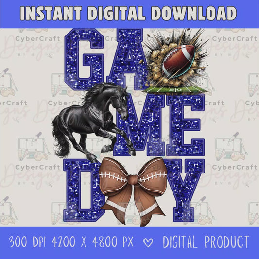 High-resolution Game Day Mustangs football PNG digital download with transparent background, blue glitter varsity lettering, football graphic, pirate mascot, football bow, 4200 x 4800 pixels, and 300 DPI for sublimation and printable crafts.