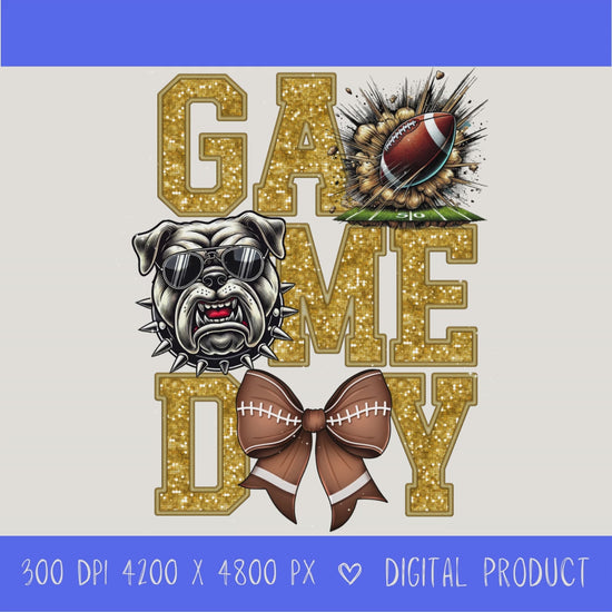 High-resolution Game Day Bulldogs football PNG digital download with transparent background, gold glitter varsity lettering, football graphic, pirate mascot, football bow, 4200 x 4800 pixels, and 300 DPI for sublimation and printable crafts.