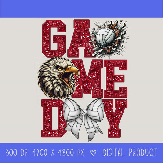 High-resolution Game Day Eagles volleyball PNG digital download with transparent background, red glitter varsity lettering, volleyball graphic, eagles mascot, volleyball bow, 4200 x 4800 pixels, and 300 DPI for sublimation and printable crafts.