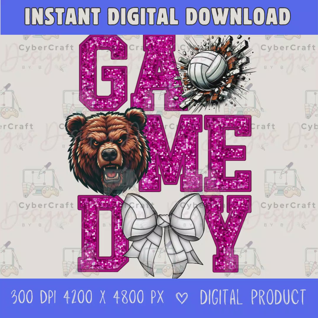 High-resolution Game Day Bears volleyball PNG digital download with transparent background, pink glitter varsity lettering, volleyball graphic, bears mascot, volleyball bow, 4200 x 4800 pixels, and 300 DPI for sublimation and printable crafts.