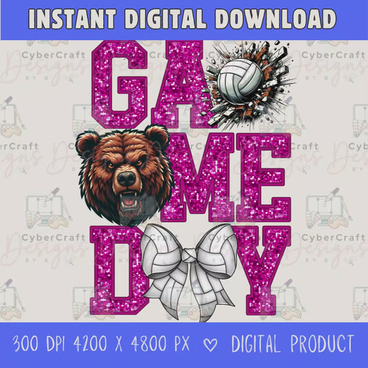 High-resolution Game Day Bears volleyball PNG digital download with transparent background, pink glitter varsity lettering, volleyball graphic, bears mascot, volleyball bow, 4200 x 4800 pixels, and 300 DPI for sublimation and printable crafts.
