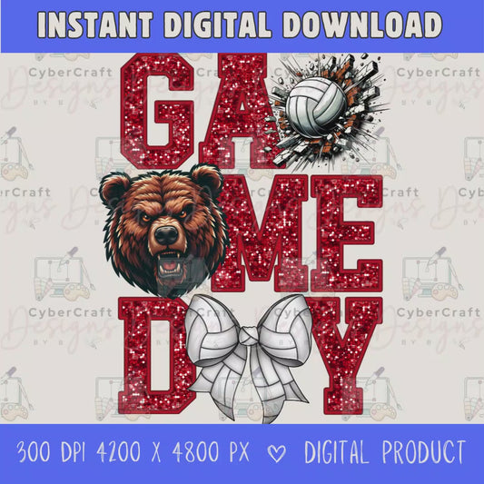 High-resolution Game Day Bears volleyball PNG digital download with transparent background, red glitter varsity lettering, volleyball graphic, bears mascot, volleyball bow, 4200 x 4800 pixels, and 300 DPI for sublimation and printable crafts.