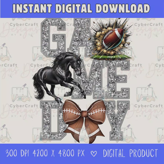 High-resolution Game Day Mustangs football PNG digital download with transparent background, silver glitter varsity lettering, football graphic, pirate mascot, football bow, 4200 x 4800 pixels, and 300 DPI for sublimation and printable crafts.