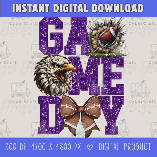 High-resolution Game Day Eagles football PNG digital download with transparent background, purple glitter varsity lettering, football graphic, pirate mascot, football bow, 4200 x 4800 pixels, and 300 DPI for sublimation and printable crafts.