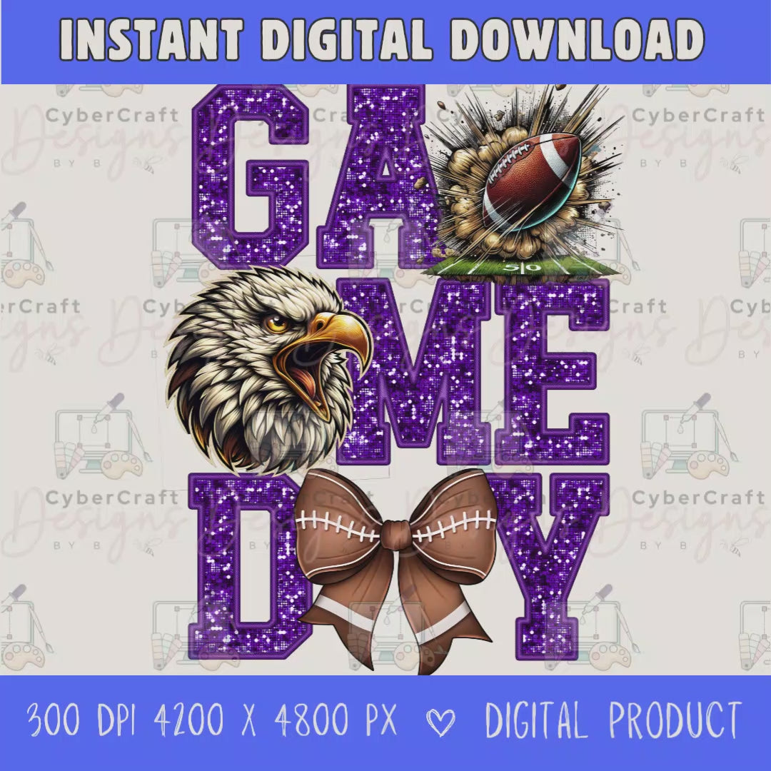 High-resolution Game Day Eagles football PNG digital download with transparent background, purple glitter varsity lettering, football graphic, pirate mascot, football bow, 4200 x 4800 pixels, and 300 DPI for sublimation and printable crafts.