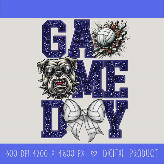 High-resolution Game Day Bulldog  volleyball PNG digital download with transparent background, navy glitter varsity lettering, volleyball graphic, bears mascot, volleyball bow, 4200 x 4800 pixels, and 300 DPI for sublimation and printable crafts.