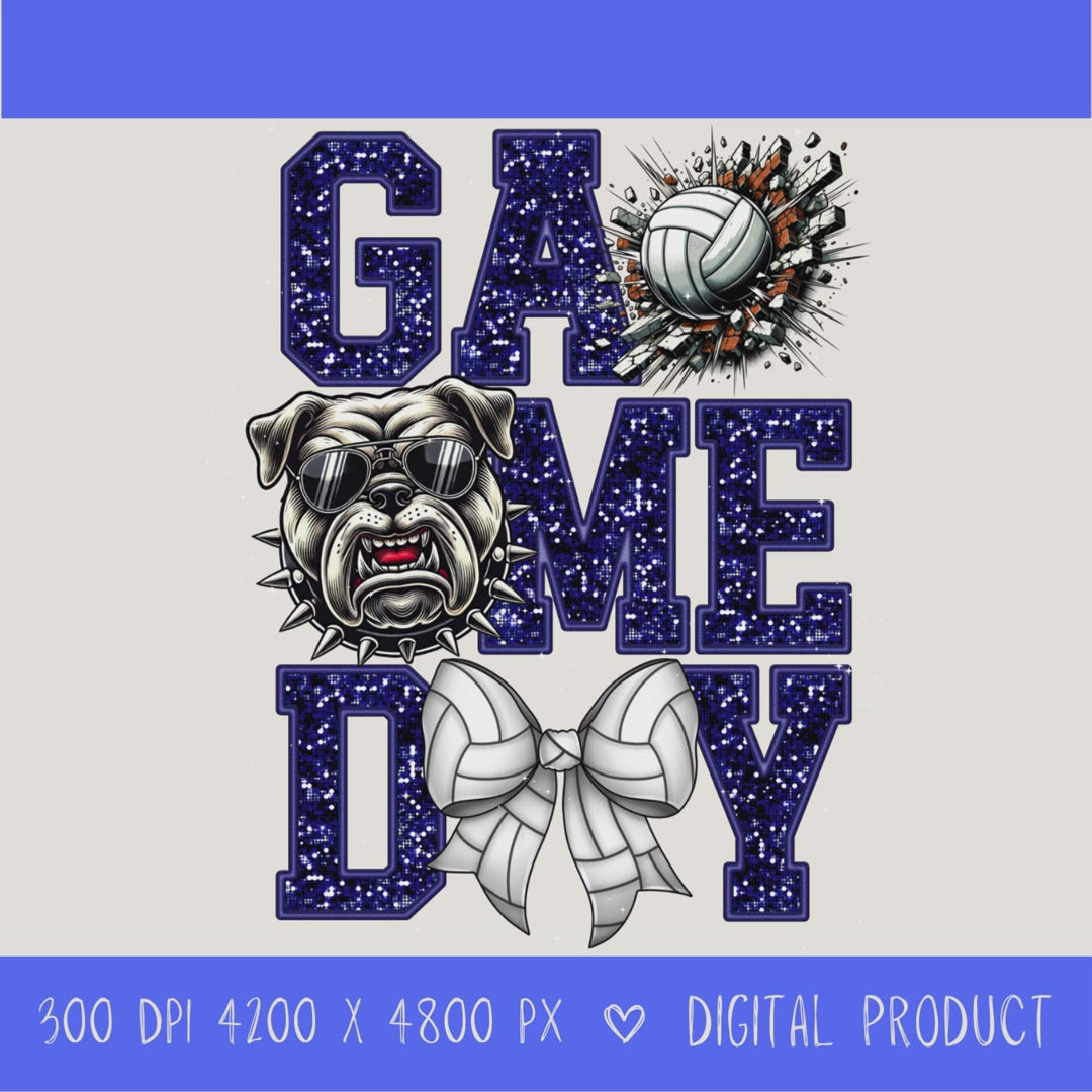 High-resolution Game Day Bulldog  volleyball PNG digital download with transparent background, navy glitter varsity lettering, volleyball graphic, bears mascot, volleyball bow, 4200 x 4800 pixels, and 300 DPI for sublimation and printable crafts.
