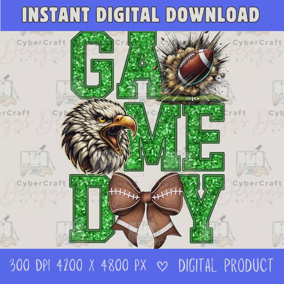 High-resolution Game Day Eagles football PNG digital download with transparent background, green glitter varsity lettering, football graphic, pirate mascot, football bow, 4200 x 4800 pixels, and 300 DPI for sublimation and printable crafts.