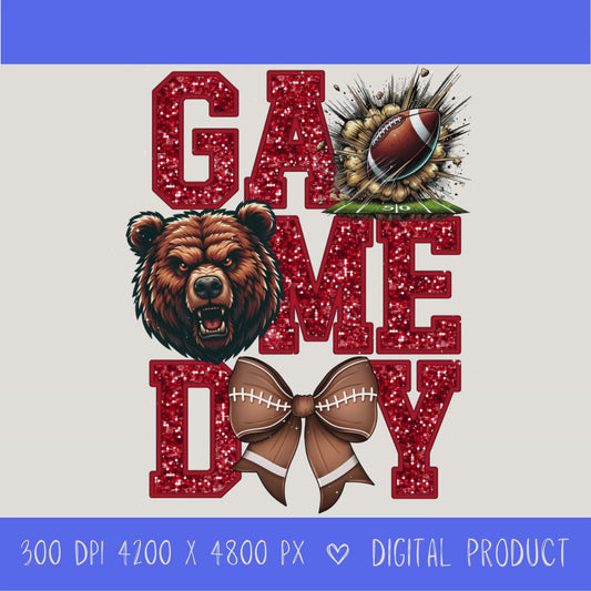 High-resolution Game Day Bears football PNG digital download with transparent background, red glitter varsity lettering, football graphic, pirate mascot, football bow, 4200 x 4800 pixels, and 300 DPI for sublimation and printable crafts.
