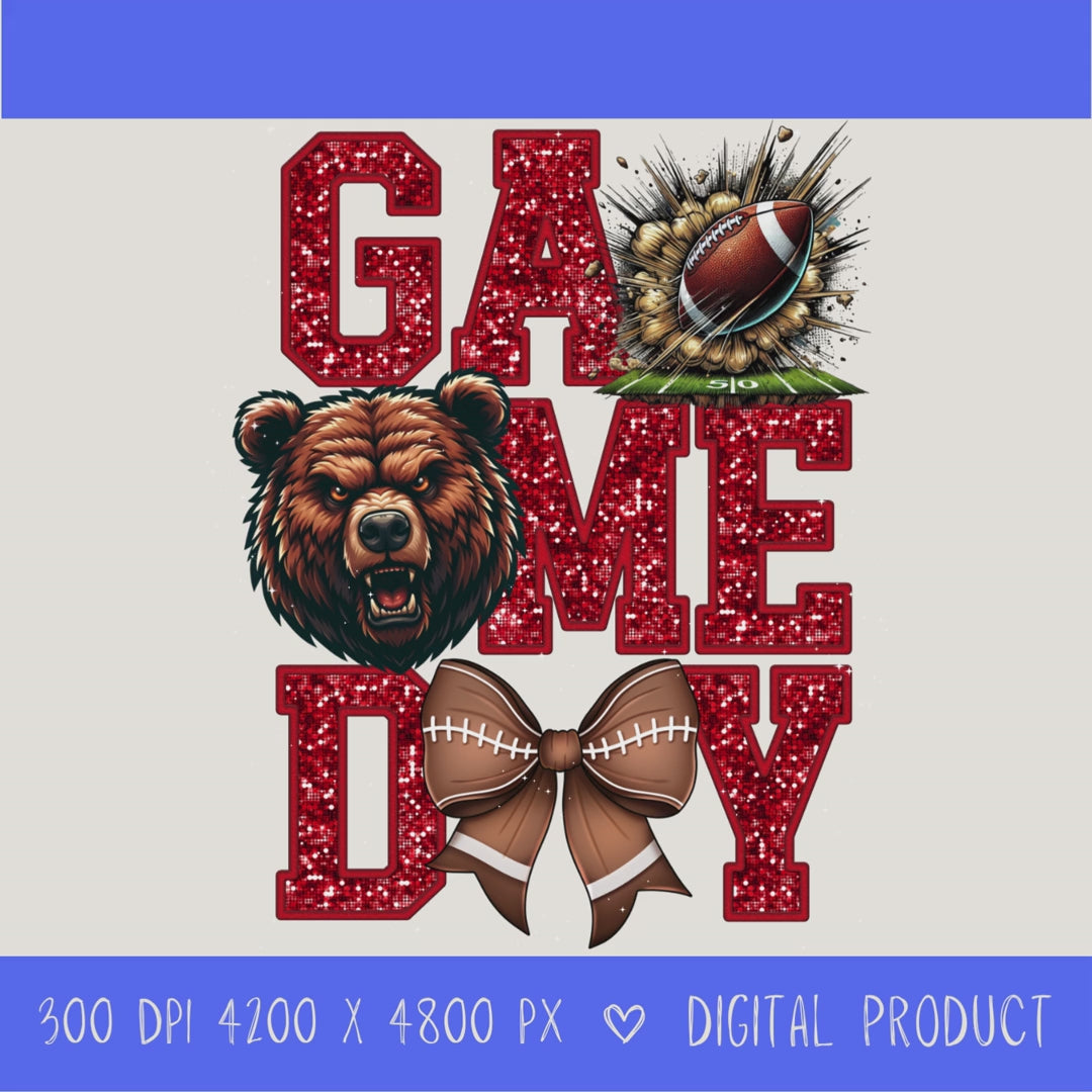 High-resolution Game Day Bears football PNG digital download with transparent background, red glitter varsity lettering, football graphic, pirate mascot, football bow, 4200 x 4800 pixels, and 300 DPI for sublimation and printable crafts.