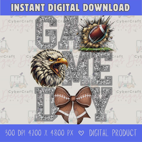 High-resolution Game Day Eagles football PNG digital download with transparent background, silver glitter varsity lettering, football graphic, pirate mascot, football bow, 4200 x 4800 pixels, and 300 DPI for sublimation and printable crafts.