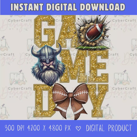 High-resolution Game Day Vikings football PNG digital download with transparent background, gold glitter varsity lettering, football graphic, pirate mascot, football bow, 4200 x 4800 pixels, and 300 DPI for sublimation and printable crafts.