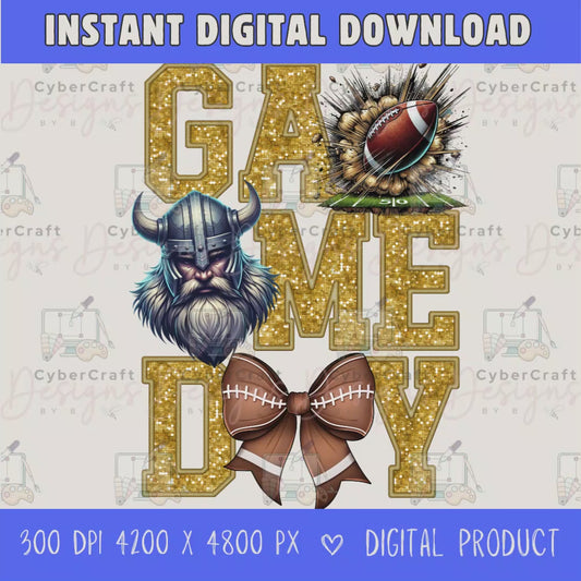 High-resolution Game Day Vikings football PNG digital download with transparent background, gold glitter varsity lettering, football graphic, pirate mascot, football bow, 4200 x 4800 pixels, and 300 DPI for sublimation and printable crafts.