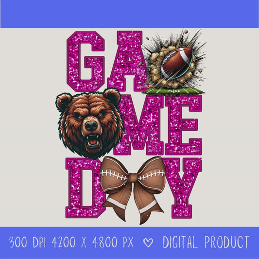 High-resolution Game Day Bears football PNG digital download with transparent background, pink glitter varsity lettering, football graphic, pirate mascot, football bow, 4200 x 4800 pixels, and 300 DPI for sublimation and printable crafts.