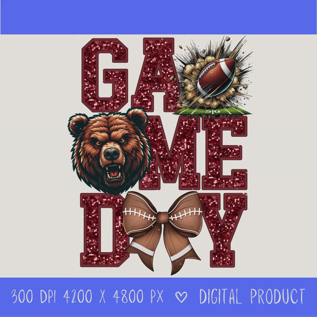 High-resolution Game Day Bears football PNG digital download with transparent background, maroon glitter varsity lettering, football graphic, pirate mascot, football bow, 4200 x 4800 pixels, and 300 DPI for sublimation and printable crafts.