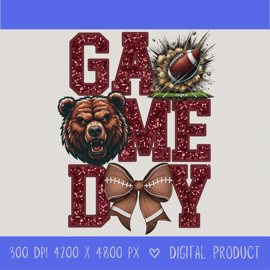 High-resolution Game Day Bears football PNG digital download with transparent background, maroon glitter varsity lettering, football graphic, pirate mascot, football bow, 4200 x 4800 pixels, and 300 DPI for sublimation and printable crafts.