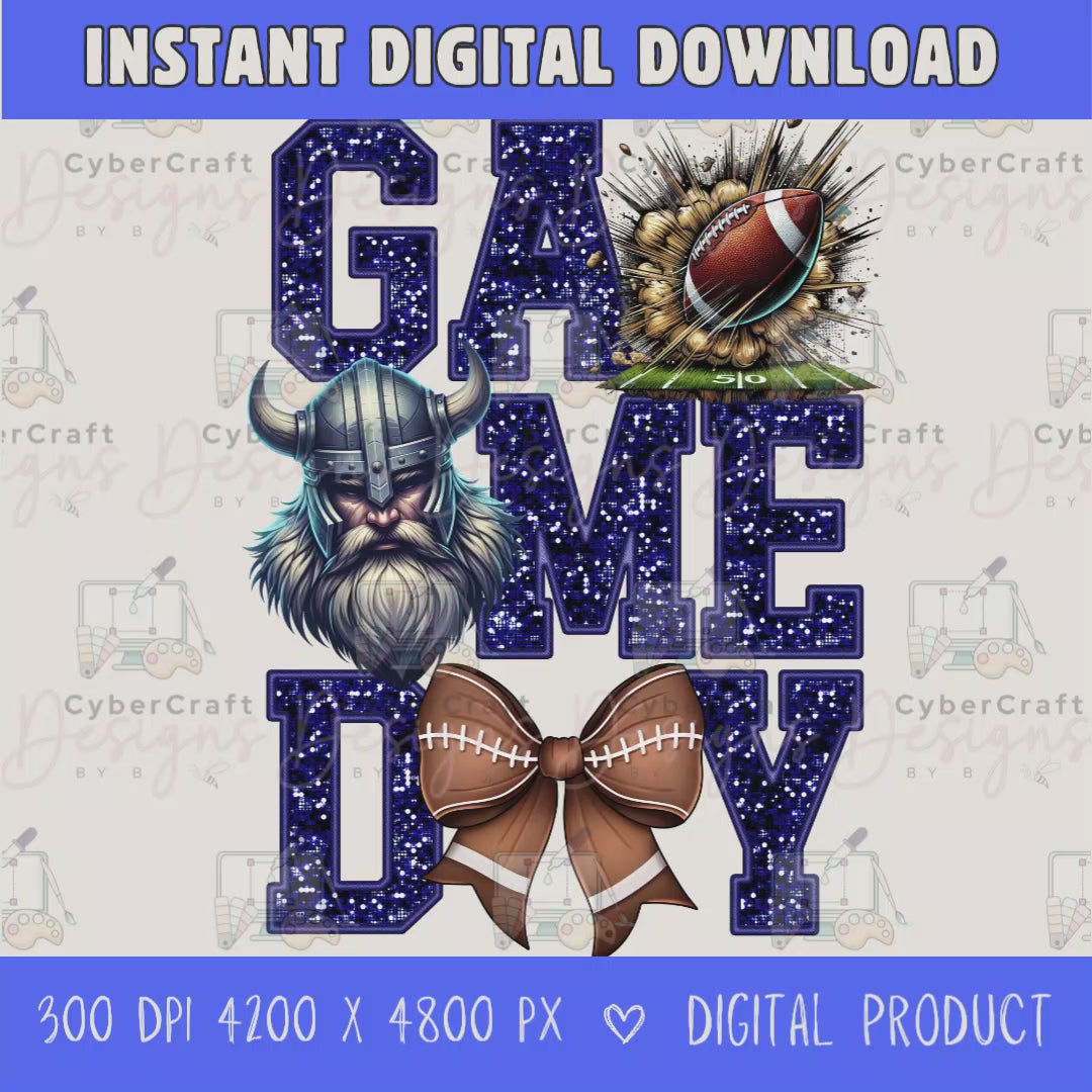 High-resolution Game Day Vikings football PNG digital download with transparent background, navy glitter varsity lettering, football graphic, pirate mascot, football bow, 4200 x 4800 pixels, and 300 DPI for sublimation and printable crafts.