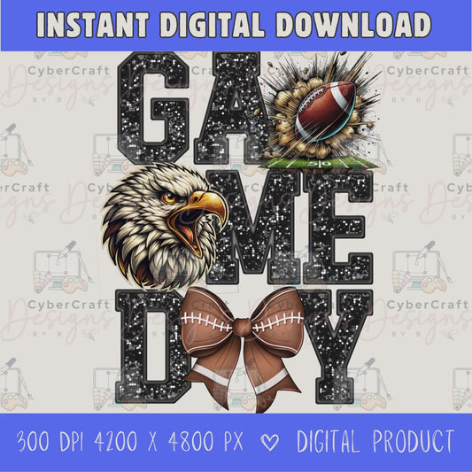 High-resolution Game Day Eagles football PNG digital download with transparent background, black glitter varsity lettering, football graphic, pirate mascot, football bow, 4200 x 4800 pixels, and 300 DPI for sublimation and printable crafts.