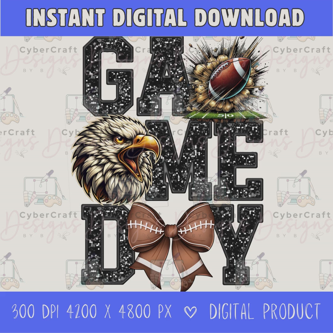 High-resolution Game Day Eagles football PNG digital download with transparent background, black glitter varsity lettering, football graphic, pirate mascot, football bow, 4200 x 4800 pixels, and 300 DPI for sublimation and printable crafts.