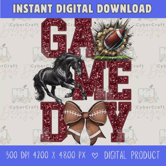 High-resolution Game Day Mustangs football PNG digital download with transparent background, maroon glitter varsity lettering, football graphic, pirate mascot, football bow, 4200 x 4800 pixels, and 300 DPI for sublimation and printable crafts.