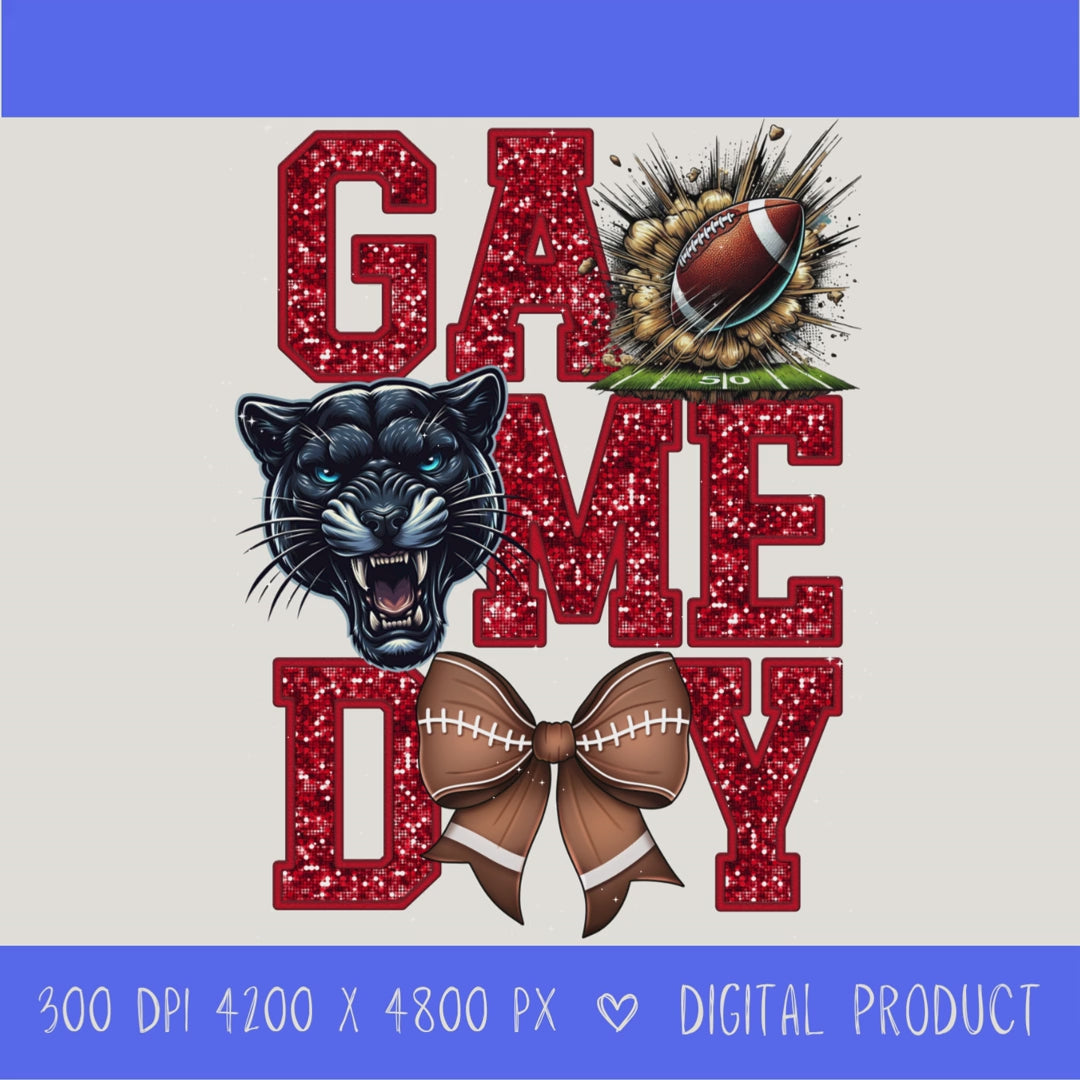 High-resolution Game Day Pirates football PNG digital download with transparent background, Red glitter varsity lettering, football graphic, pirate mascot, football bow, 4200 x 4800 pixels, and 300 DPI for sublimation and printable crafts.