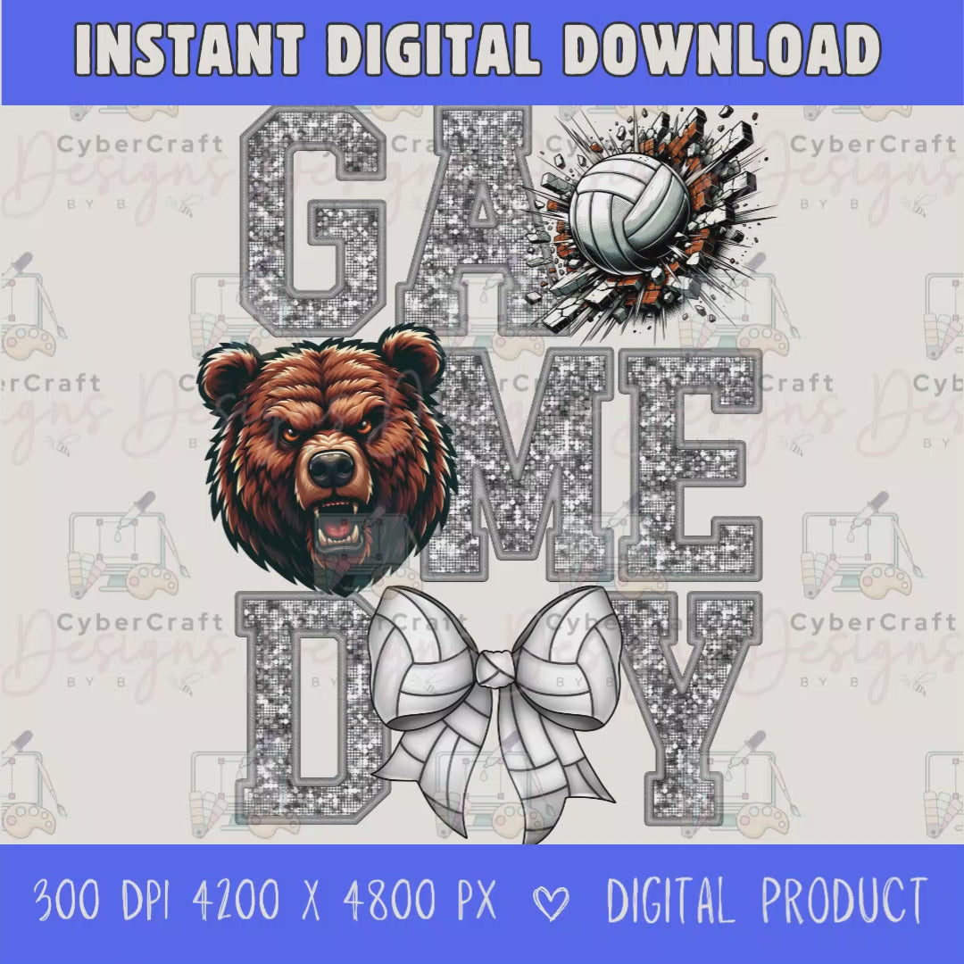 High-resolution Game Day Bears volleyball PNG digital download with transparent background, silver glitter varsity lettering, volleyball graphic, bears mascot, volleyball bow, 4200 x 4800 pixels, and 300 DPI for sublimation and printable crafts.