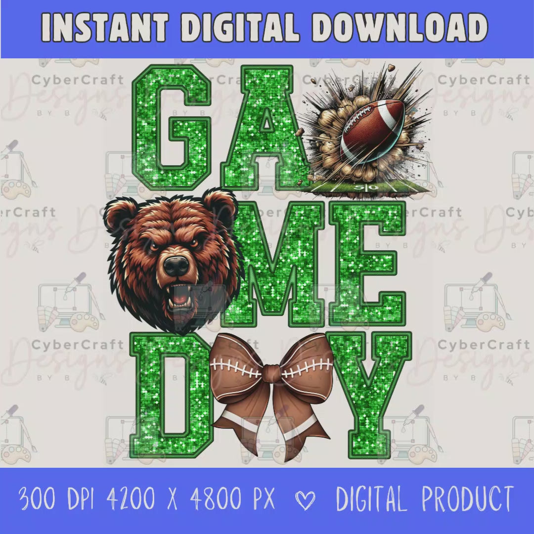 High-resolution Game Day Bears football PNG digital download with transparent background, green glitter varsity lettering, football graphic, pirate mascot, football bow, 4200 x 4800 pixels, and 300 DPI for sublimation and printable crafts.