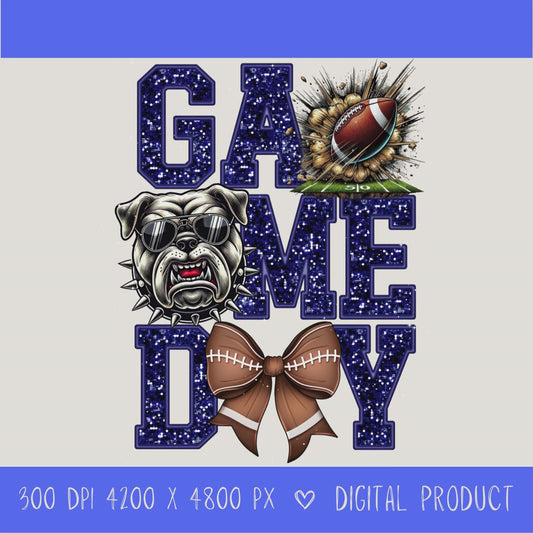 High-resolution Game Day Bulldogs football PNG digital download with transparent background, navy glitter varsity lettering, football graphic, pirate mascot, football bow, 4200 x 4800 pixels, and 300 DPI for sublimation and printable crafts.