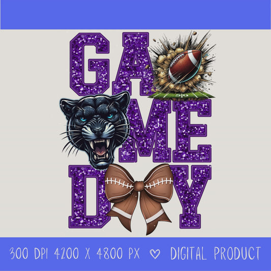 High-resolution Game Day Pirates football PNG digital download with transparent background, purple glitter varsity lettering, football graphic, pirate mascot, football bow, 4200 x 4800 pixels, and 300 DPI for sublimation and printable crafts.