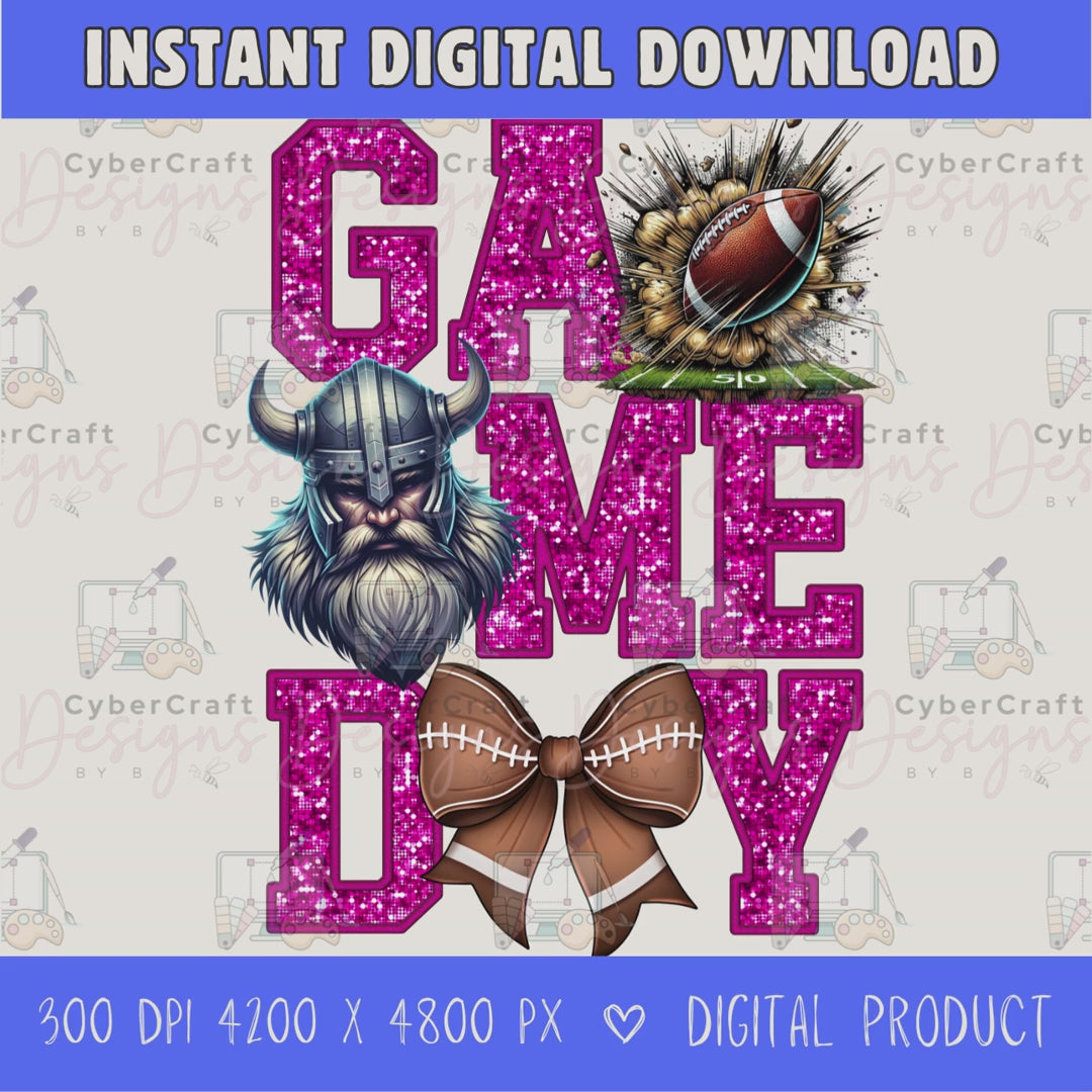 High-resolution Game Day Vikings football PNG digital download with transparent background, pink glitter varsity lettering, football graphic, pirate mascot, football bow, 4200 x 4800 pixels, and 300 DPI for sublimation and printable crafts.