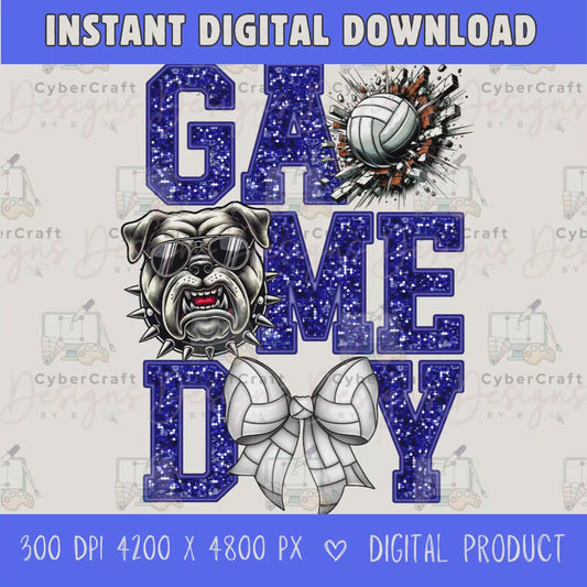 High-resolution Game Day Bulldog  volleyball PNG digital download with transparent background, Blue glitter varsity lettering, volleyball graphic, bears mascot, volleyball bow, 4200 x 4800 pixels, and 300 DPI for sublimation and printable crafts.
