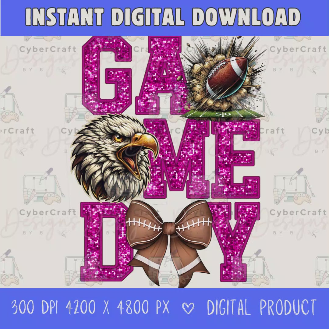 High-resolution Game Day Eagles football PNG digital download with transparent background, pink glitter varsity lettering, football graphic, pirate mascot, football bow, 4200 x 4800 pixels, and 300 DPI for sublimation and printable crafts.