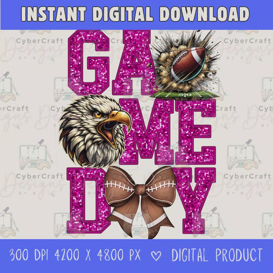 High-resolution Game Day Eagles football PNG digital download with transparent background, pink glitter varsity lettering, football graphic, pirate mascot, football bow, 4200 x 4800 pixels, and 300 DPI for sublimation and printable crafts.